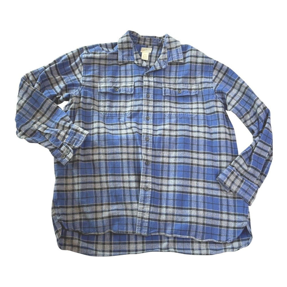 LL Bean‎ Traditional Fit Plaid Flannel Shirt Blue Grey Black XXL REG Cotton